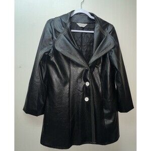 Vintage NPC Fashions Women’s 70s Faux Black Leather Jacket white Stitching Sz L‎